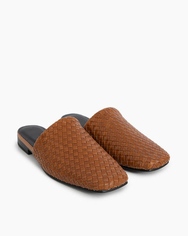 Brown-Cowhide-Woven-Square-Toe-Flat-Mules