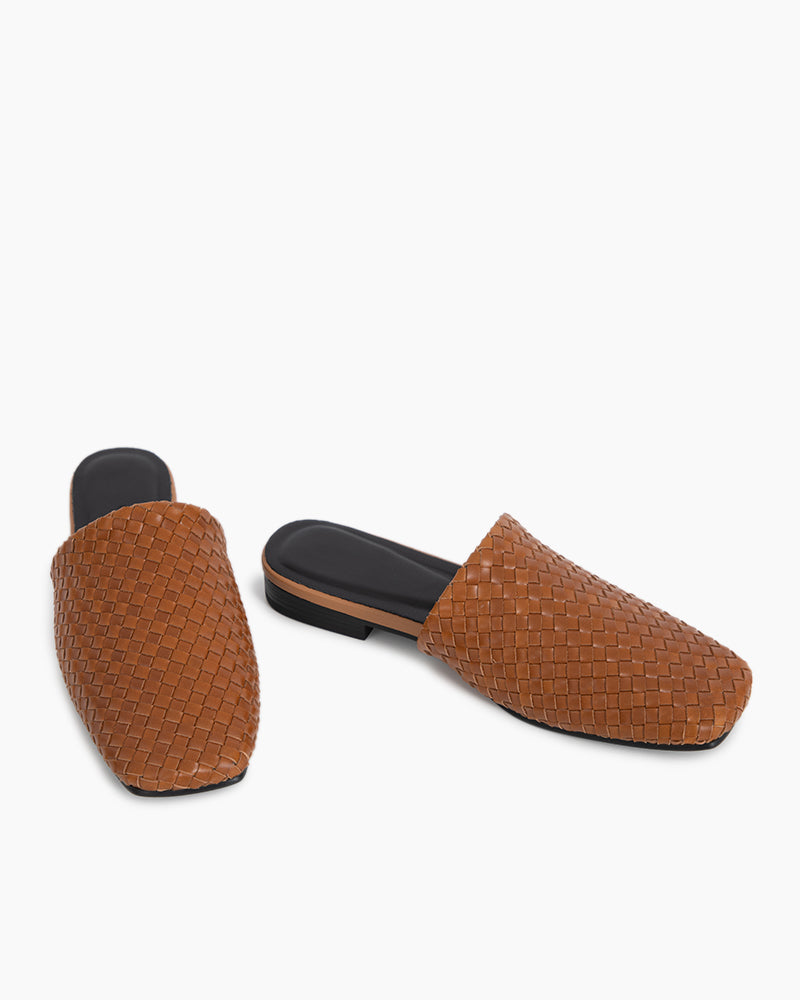 Brown-Cowhide-Woven-Square-Toe-Flat-Mules