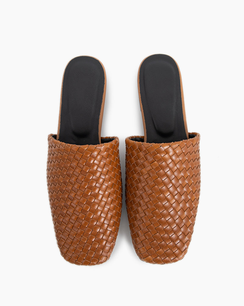 Brown-Cowhide-Woven-Square-Toe-Flat-Mules