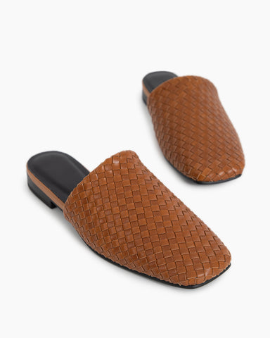 Brown-Cowhide-Woven-Square-Toe-Flat-Mules