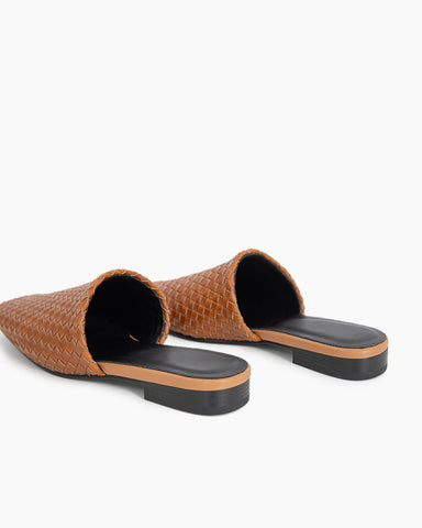 Brown-Cowhide-Woven-Square-Toe-Flat-Mules