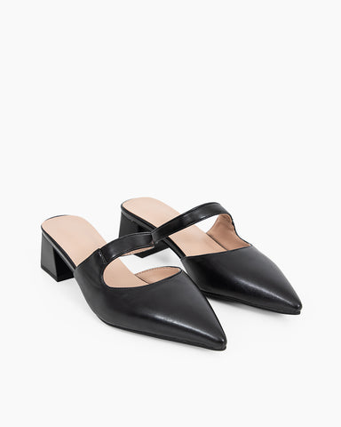 Pointed Toe Single Strap Block Heels Mules