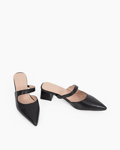 Pointed Toe Single Strap Block Heels Mules