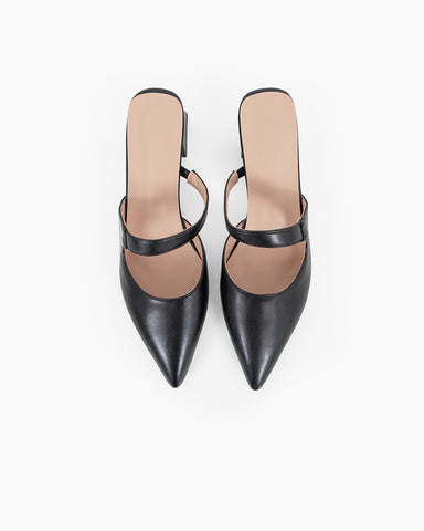 Pointed Toe Single Strap Block Heels Mules