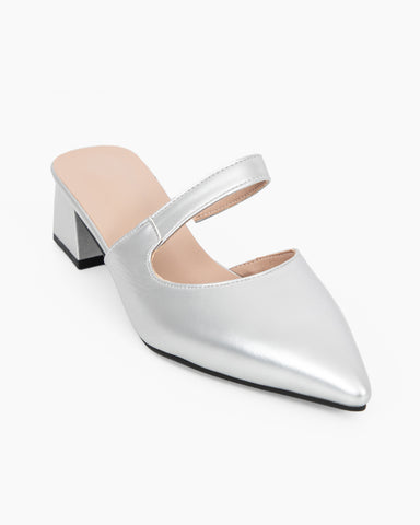 Pointed Toe Single Strap Block Heels Mules