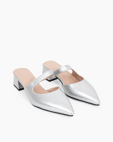 Pointed Toe Single Strap Block Heels Mules