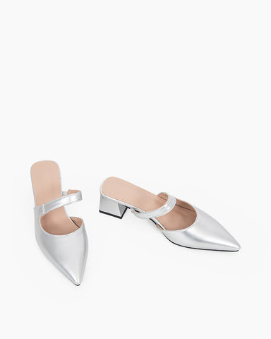 Pointed Toe Single Strap Block Heels Mules