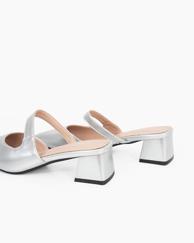 Pointed Toe Single Strap Block Heels Mules