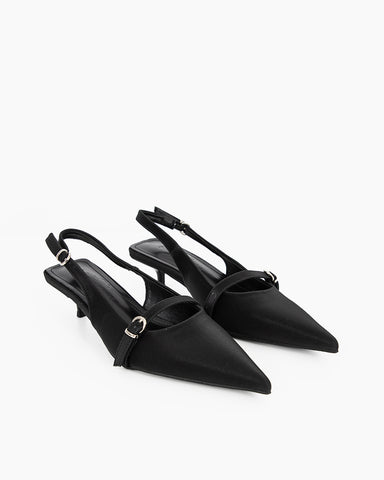 Pointed Toe Satin Slingback Kitten Heels Pumps