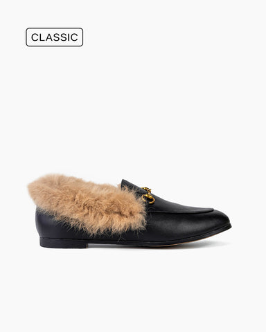 Classic Metal Buckle Fur Slip-on Flat Penny Loafers