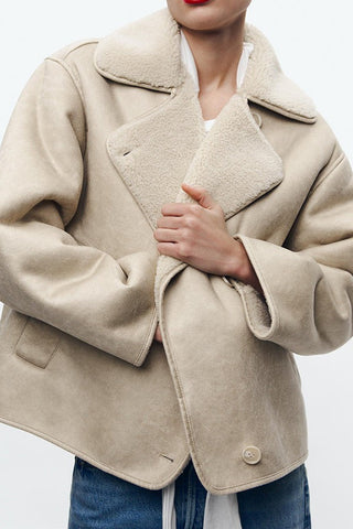 Warmth Lapel Collar PU Contrast Sherpa Jacket