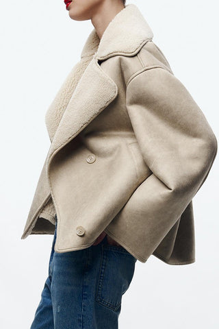 Warmth Lapel Collar PU Contrast Sherpa Jacket