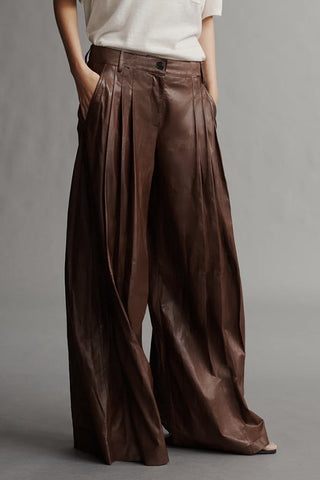 Stylish Pleated Sheepskin Wide-leg Trousers