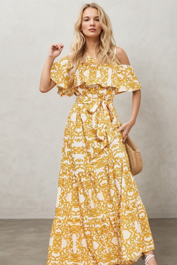 Evening Stroll Elegance-One-shoulder Short-sleeved Printed Ruffled Long Skirt