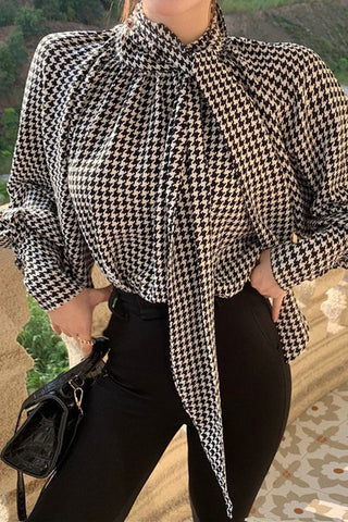 Houndstooth Bow Balloon Sleeve Shirt Top