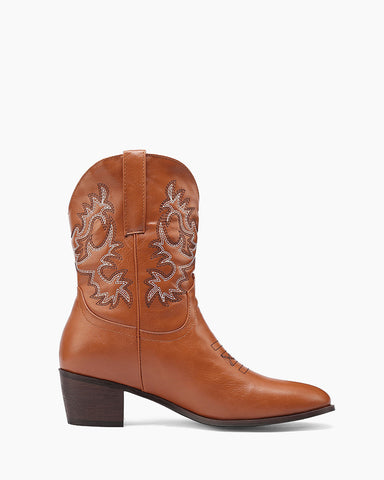 Army Green Embroidery Stitched Western Ankle Boots