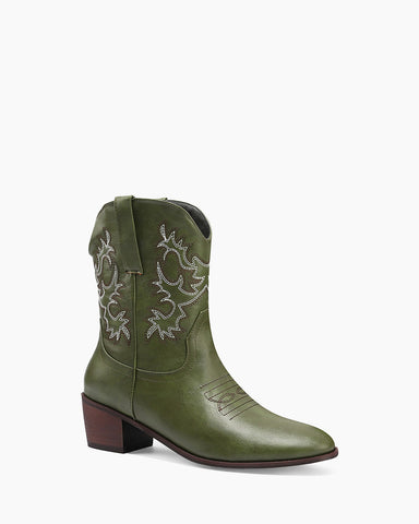 Army Green Embroidery Stitched Western Ankle Boots