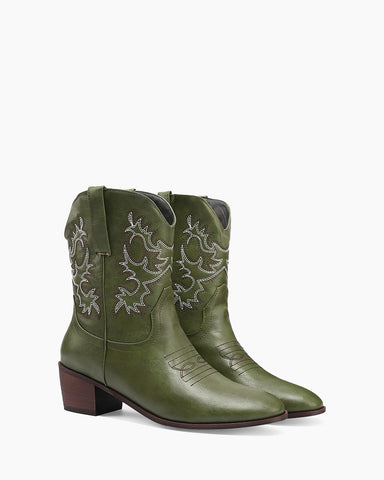 Army Green Embroidery Stitched Western Ankle Boots