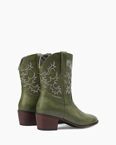 Army Green Embroidery Stitched Western Ankle Boots