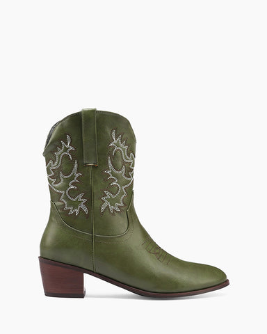 Army Green Embroidery Stitched Western Ankle Boots