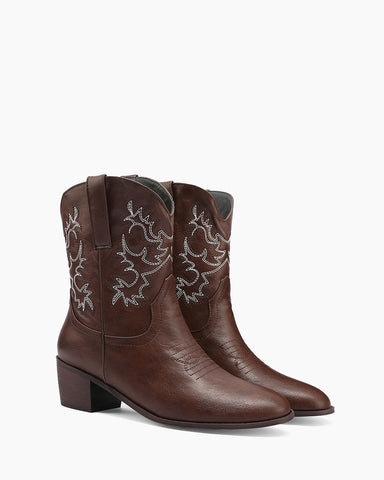 Army Green Embroidery Stitched Western Ankle Boots