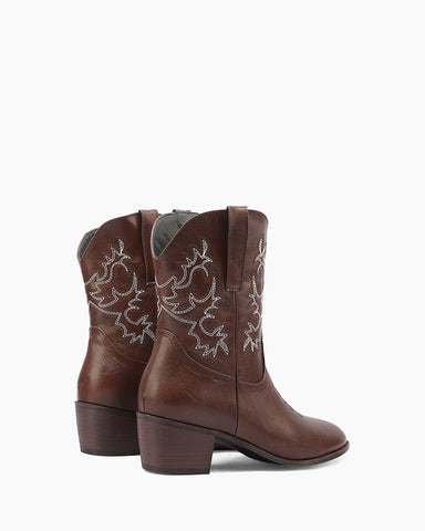 Army Green Embroidery Stitched Western Ankle Boots