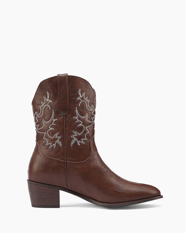 Army Green Embroidery Stitched Western Ankle Boots