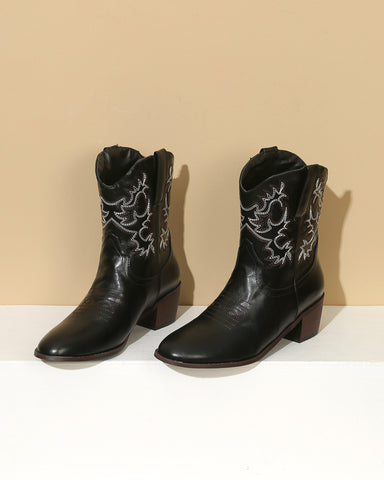 Army Green Embroidery Stitched Western Ankle Boots