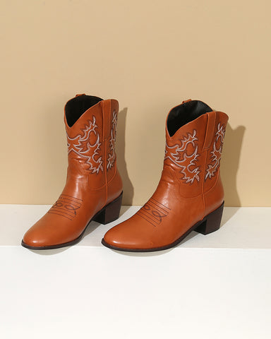 Army Green Embroidery Stitched Western Ankle Boots