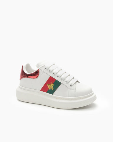 Bee-Embroidered-Red-and-Green-Striped-Sneakers