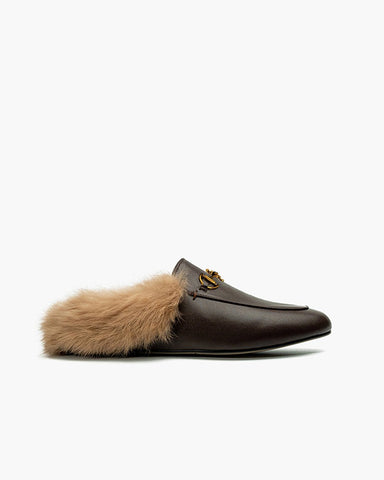 Alina Elegant Leather Backless Fur Slip-On Mules