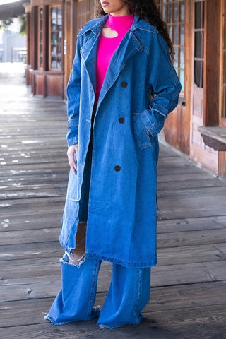 Casual Denim Lapel Collar Double-breasted Trench Coat