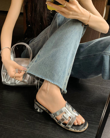 Cutout Strap Leather Mid Block Heel Slide Sandals