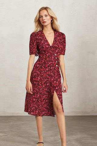 September Sun-Wrap Floral Short-sleeved V-neck Dress