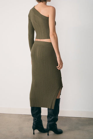 Pre Order Ribbed Asymmetric Sweater & Split Hem Skirt Set