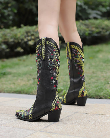 Retro Flower Embroidered Mid Calf Western Boots