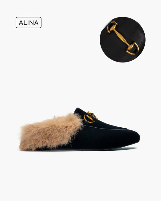 Alina Velvet Backless Fur Slip-on Comfort Mules