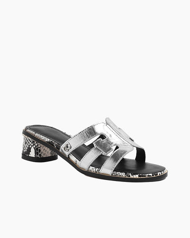 Cutout Strap Leather Mid Block Heel Slide Sandals