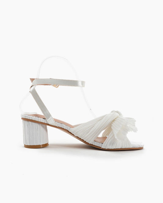 (Clean Up) Pleated Bow Open Toe Chunky Block Slingback Heel Sandals