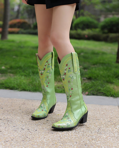 Retro Flower Embroidered Mid Calf Western Boots