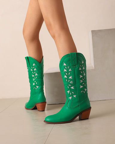 Colorblock Mid Calf Embroidered Western Cowboy Boots