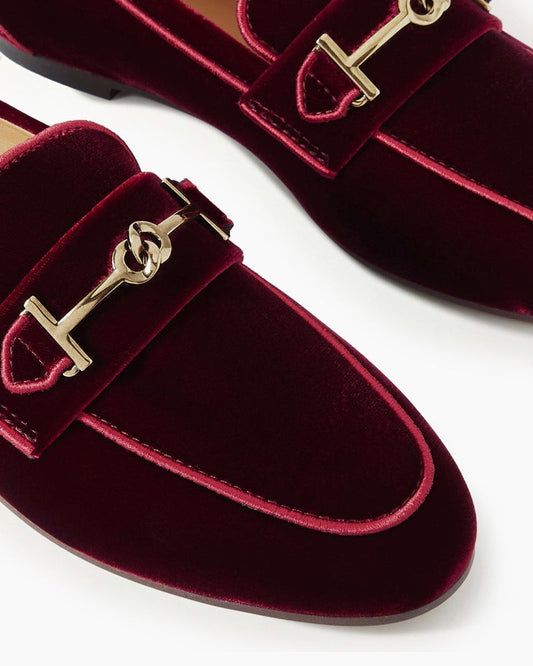 [Pre-Order] Burgundy Embellished Velvet Flat Loafers