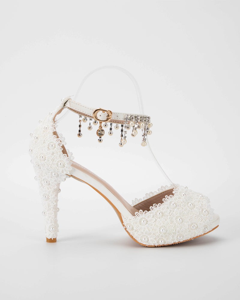 Fish Mouth Lace Beaded High Heeled Sandals