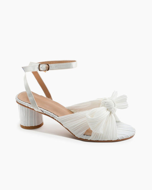 (Clean Up) Pleated Bow Open Toe Chunky Block Slingback Heel Sandals