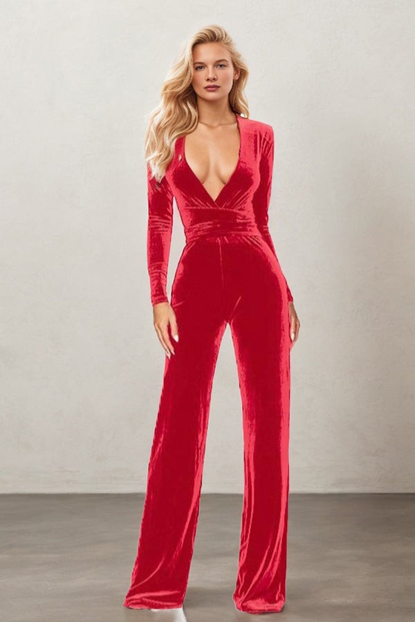 Dusk to Dawn-Deep V Belted Velvet Long-sleeved Jumpsuit