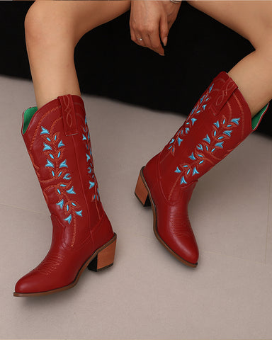 Colorblock Mid Calf Embroidered Western Cowboy Boots