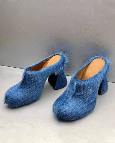 Designer Real Fur Chunky High Heel Mules