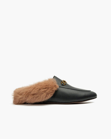 Alina Elegant Leather Backless Fur Slip-On Mules