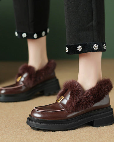 Rabbit Fur Thick-soled Velvet Leather Shoes