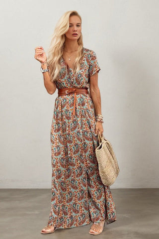 Autumn Breeze-Bohemian V Collar Floral Dress